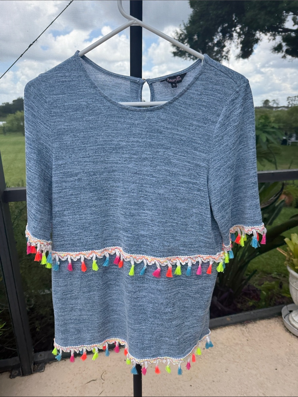 Amaryllis Heathered Blue Tassel Trim Short Sleeve Top